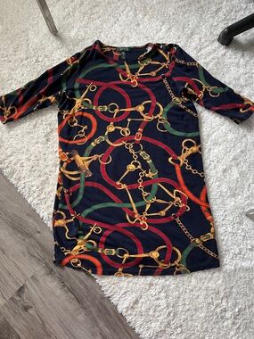 Ralph Lauren Navy Midi Dress with Gold, Red & Green Chain Print